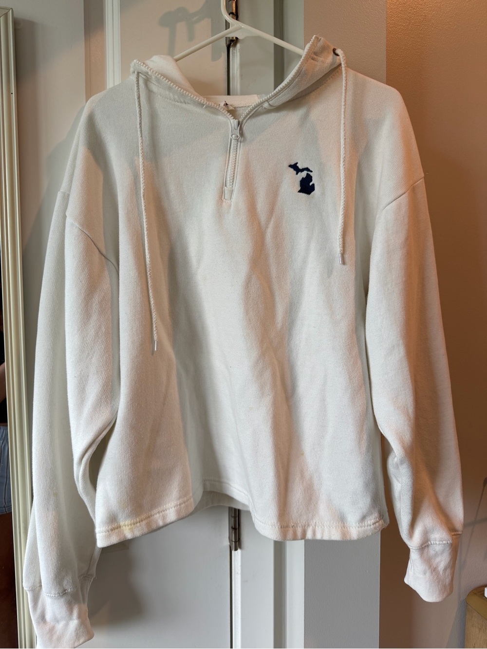 White Quarter-Zip Hoodie with Navy Michigan Embroidery - Picture 1 of 4